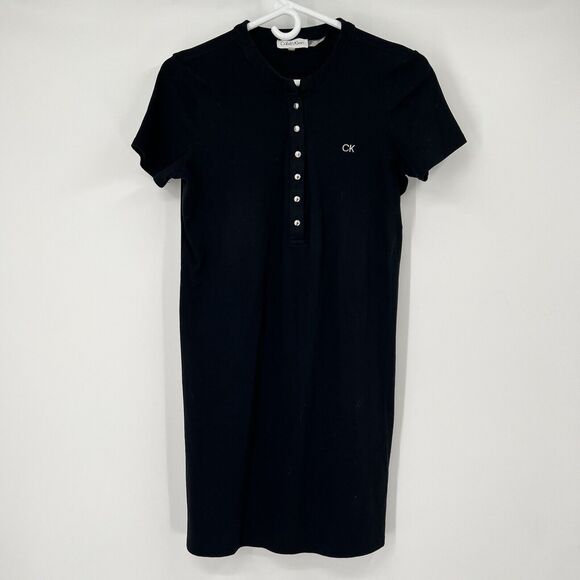 Womens Calvin Klein M Black Shirt Dress Classic Everyday SS Midi Sheath Logo - Picture 3 of 9
